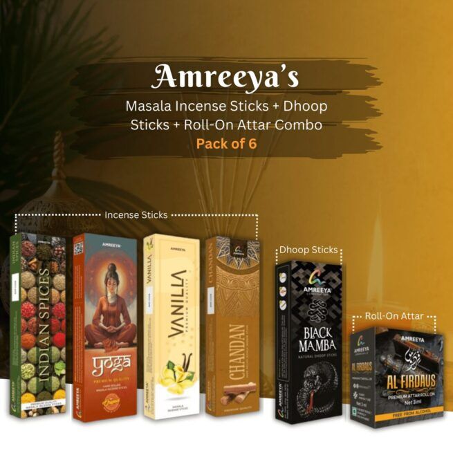 Amreeya Masala Incense Sticks + Dhoop Sticks + Roll-On Attar Combo - Pack of 6, Product Code ACL/H003