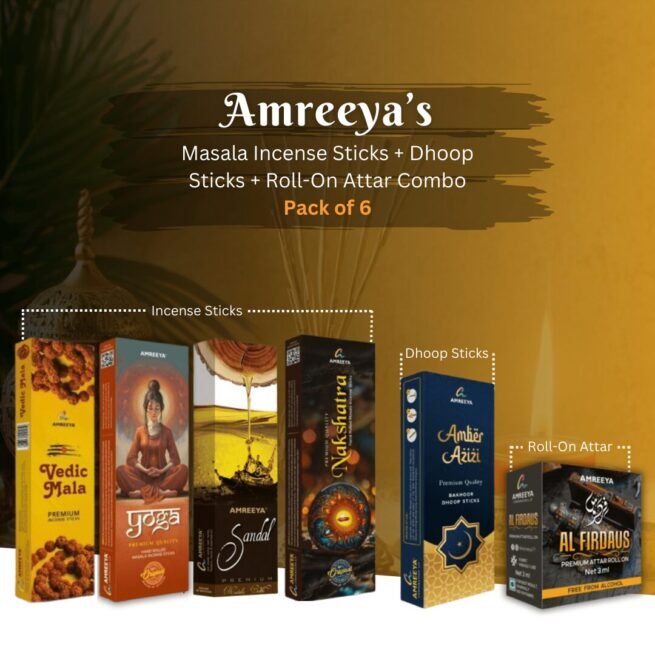 Amreeya Masala Incense Sticks + Dhoop Sticks + Roll-On Attar Combo - Pack of 6. Product Code ACL/H002